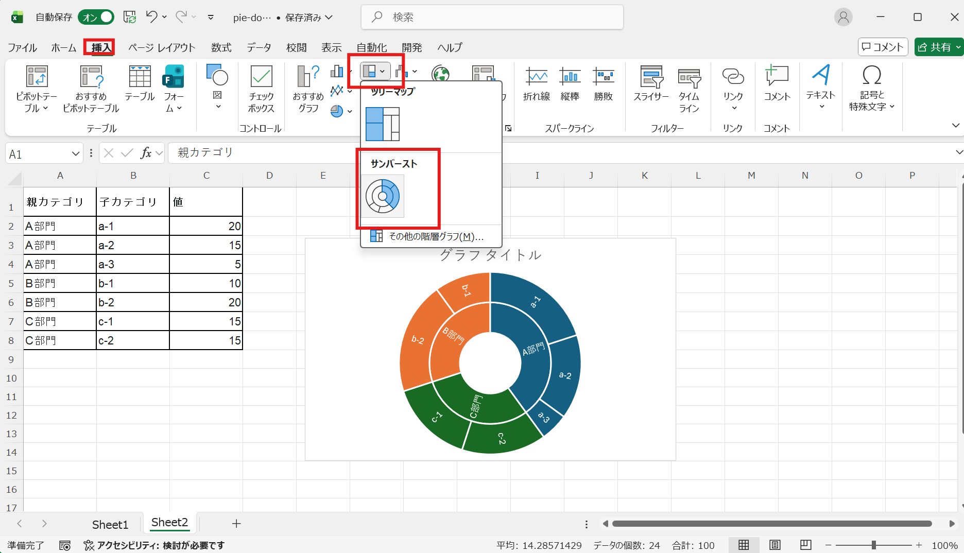 「挿入」タブ →「グラフ」→「階層構造グラフの挿入」→「サンバースト」を選択